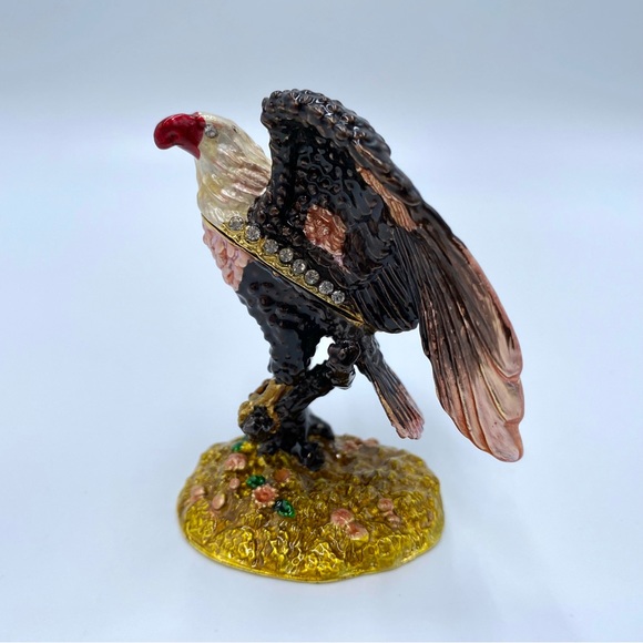 Bald Eagle Enameled Bejeweled Shiny Metal Hinged Trinket Box Magnetic Closure - Picture 2 of 9